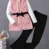 Autumn winter children's girls three-piece set pit strip long sleeve slim horn trousers sleeveless hooded coat bow waist fashion