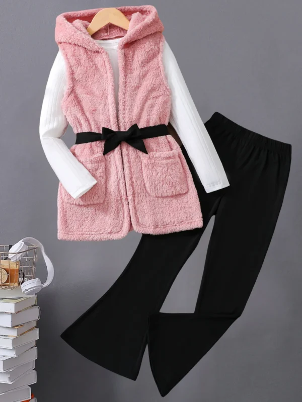Autumn winter children's girls three-piece set pit strip long sleeve slim horn trousers sleeveless hooded coat bow waist fashion