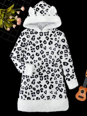 Winter children's girls black and white leopard print splicing plush dress personality and fashion simple generous unique