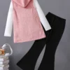 Autumn winter children's girls three-piece set pit strip long sleeve slim horn trousers sleeveless hooded coat bow waist fashion