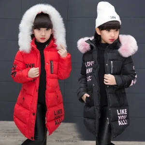2024 Winter Warm Jackets for Girls Fashion Fur Hooded Children Girls Waterproof Outwear Kids Cotton Lined Parkas
