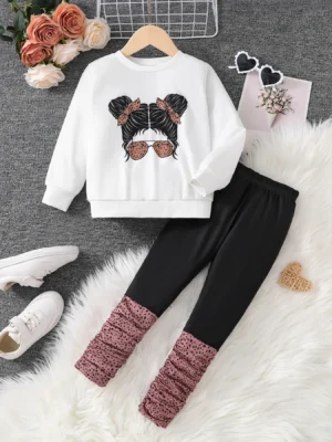 Children's clothing autumn girls' set white round neck cartoon printed long sleeved+black slim pants two-piece set
